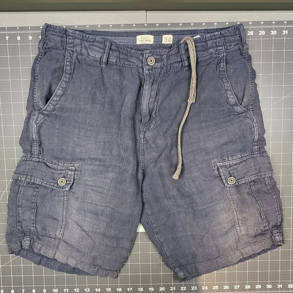 Lucky Brand Shorts 34x10 Blue Linen Cargo HBT Herringbone Twill Faded Surfer Y2K
